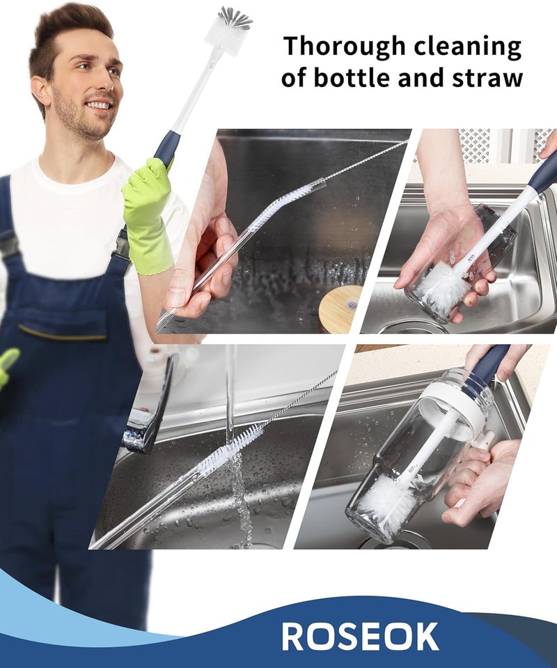 ROSEOK 2 in 1 Long Handle Bottle Brush with Straw Brush for Cleaning Glass, Sports Bottle, Coffee Mug,Navy Blue,1 Pack - Image 2